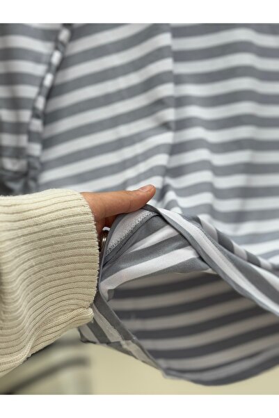 Ebrar Store Γκρι ριγέ Nihal λεπτό τουνίκ - NA674