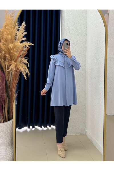 MİHRA STORE Yeşim Front and Back Ruffle Shirt-El1230 Blue