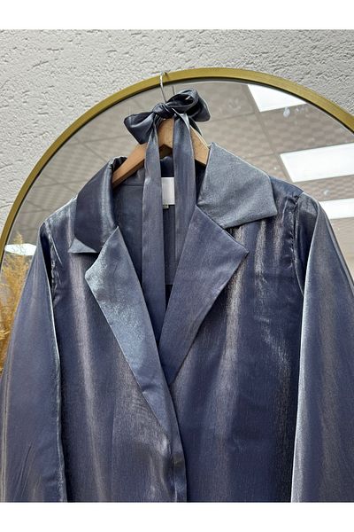 MİHRA STORE Evla Balloon Sleeve Shiny Fabric Jacket-Eu2482 Navy Blue