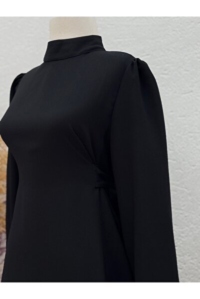 MİHRA STORE Φόρεμα κρεπ με δαντέλα μαρμάρινο-PA9598 Μαύρο