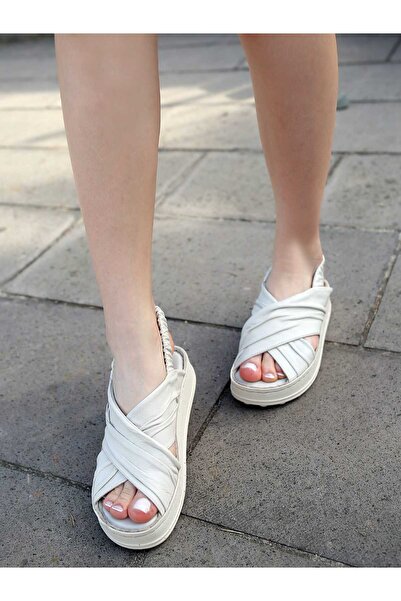 Mammamia 2585-Lx Genuine Leather Cross Strap Flat Sole Orthopedic Women's Sandals