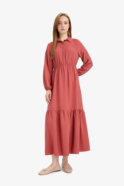 DeFacto Shirt Collar Waist Gathered Long Sleeve Maxi Dress D5851Ax25Sp