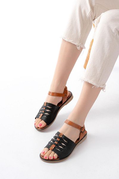 Aymood 205-029 Black Orthopedic Genuine Leather Women's Sandals