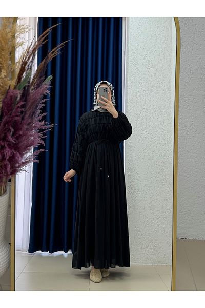 MİHRA STORE Serira Pleated Chiffon Dress-Pa9685 Black