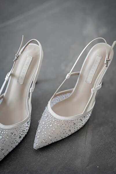 Parponi Mora Taşlı Saten Abiye Ayakkabı Beyaz