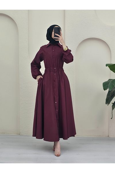 Modamorfo Full Button Double Pocket Sleeve Elasticated Poplin Dress - Burgundy