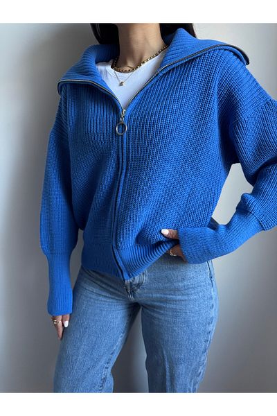 Nopen Knitwear Cardigan albastru cu fermoar cu guler răsturnat
