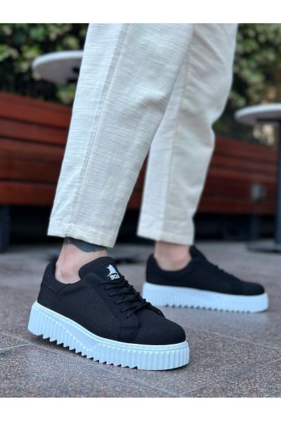 pabucmarketi Lace-Up Knitwear Men's Casual Shoes Black (White Sole)