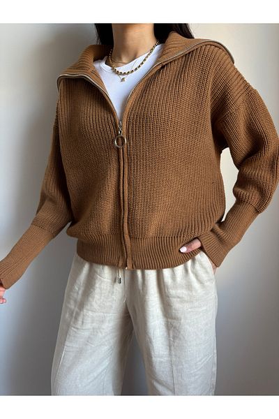 Nopen Knitwear Brown Turn-Down Collar Zippered Knitwear Cardigan