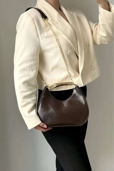 LEONAS Metal Detail Handle Oval Women's Hand and Shoulder Bag Rosy Bitter Brown