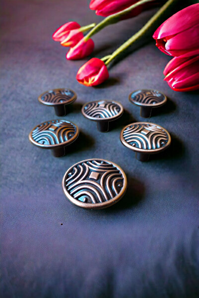 Dizaynhouse 35 mm Copper Color Button Model Handle, Line Pattern Antique Metal Cabinet and Drawer Handle