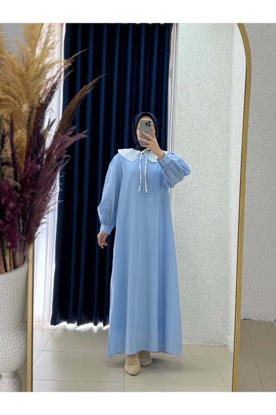 MİHRA STORE فستان سوريرا بياقة نصف مطوية من الدانتيل - AY8625 أزرق