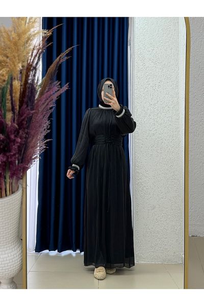 MİHRA STORE Serola Janjan Evening Dress with Pearls on the Sleeves and Neck-Pa9659 Black