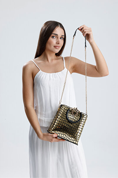 Evident Altın Kroko Baskılı Halka Kulplu El Ve Omuz Kadın Çantası