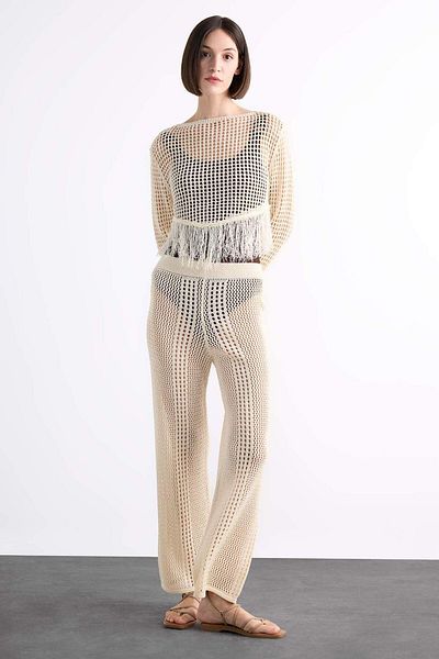 DeFacto Straight Fit Stretchy Waisted Crochet Beach Pants F7461Ax25Hs