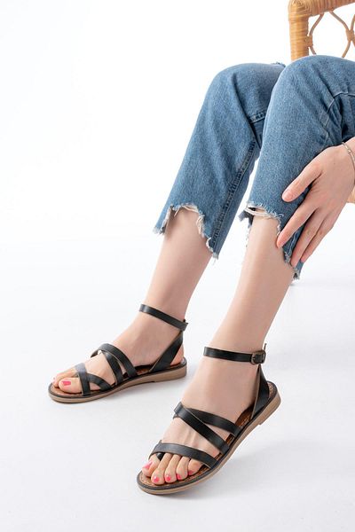 Aymood 205-08 Black Orthopedic Genuine Leather Women's Sandals