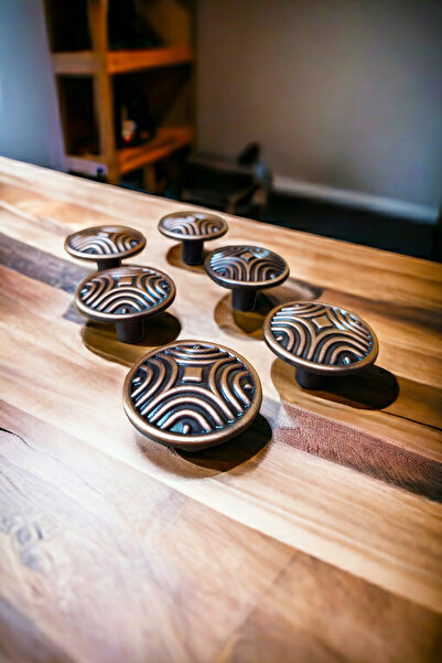 Dizaynhouse 35 mm Copper Color Button Model Handle, Line Pattern Antique Metal Cabinet and Drawer Handle