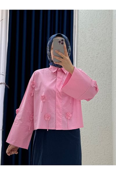 MİHRA STORE Cămașă scurtă Serasya Floral-BN4411 Roz