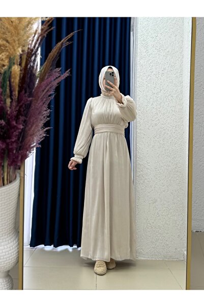 MİHRA STORE Serola Janjan Evening Dress with Pearls on the Sleeves and Neck-Pa9659 Stone