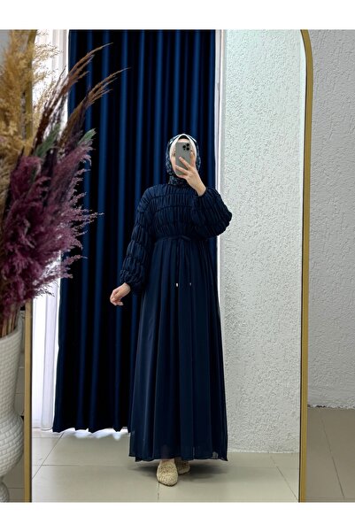 MİHRA STORE فستان شيفون مطوي من سيريرا-PA9685 أزرق داكن