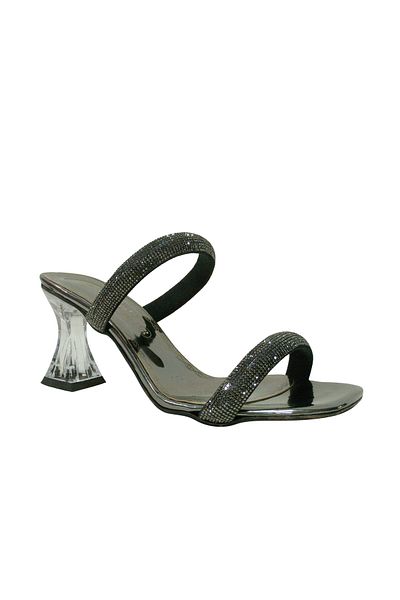 Merry Pace Platinum Black Silver Diamond Stone Banded Transparent Heeled Slippers Shoes