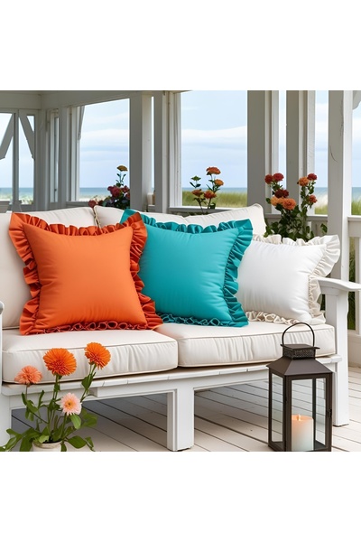 Bc Home Set of 3 Turquoise - Orange - White Country Ruffled Square Throw Pill...