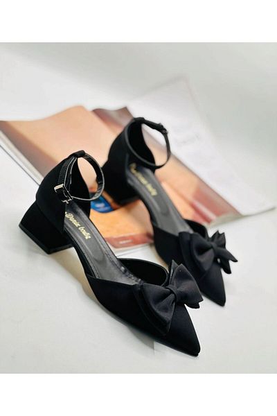 NASSAN Women's Bow Evening Dress Black Satin Heeled Shoes