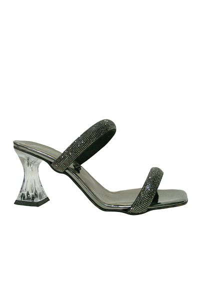 Merry Pace Platinum Black Silver Diamond Stone Banded Transparent Heeled Slippers Shoes