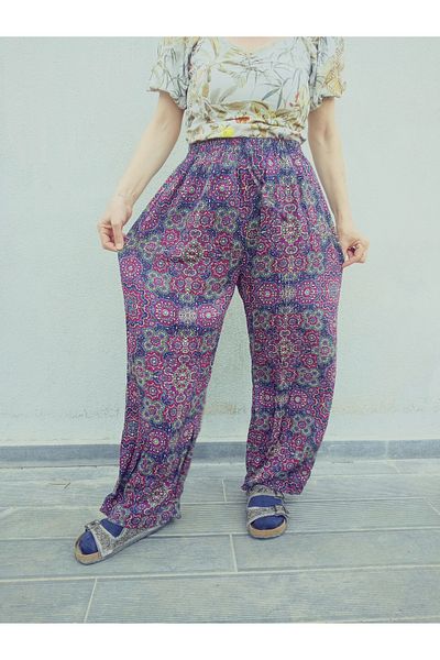 hoaryage Ethnic Patterned 100% Cotton Viscose Pants with Elastic Waist