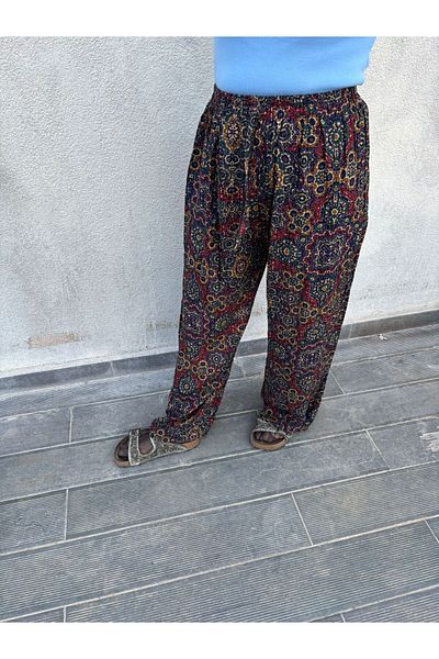 hoaryage Ethnic Patterned 100% Cotton Viscose Pants with Elastic Waist