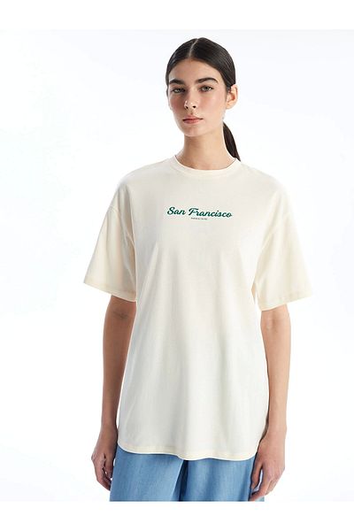 LC Waikiki Tricou cu mânecă scurtă pentru femei LCW Modest Ecru Crew Neck
