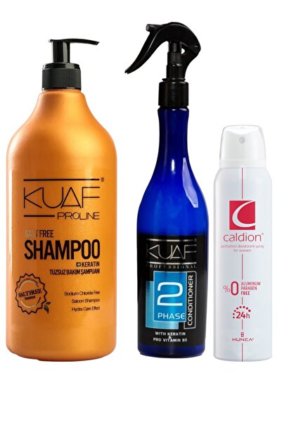 Kuaf Tuzsuz Keratin Şampuan 1000 ml Mavi Keratinli Fön Suyu Sıvı Saç Kremi 400 ml + Caldion Deodorant