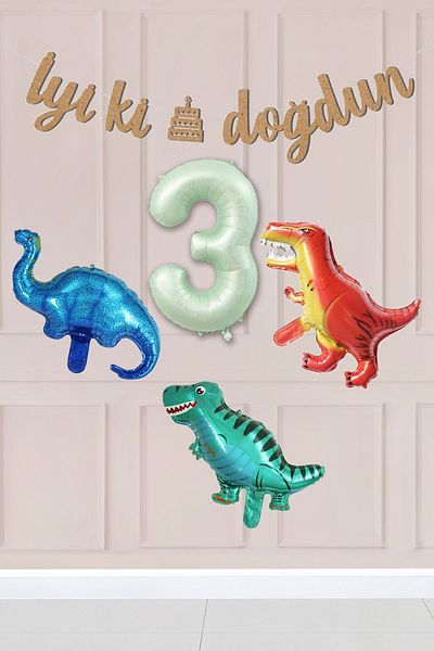 Atölye Mi 3 Year Old Dinosaur Concept Birthday Balloon Set Dinosaur Theme