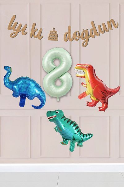 Atölye Mi 8 Year Old Dinosaur Concept Birthday Balloon Set Dinosaur Theme