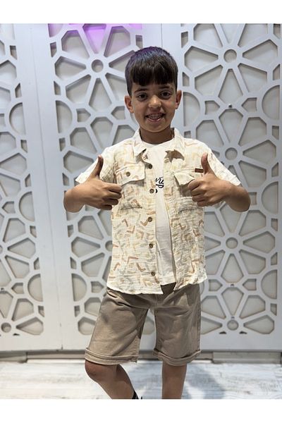 KUMRUNUN DÜNYASI Muslin Shirt Short Sleeve T-Shirt and Shorts 3-Piece Bottom Top Boy's Set