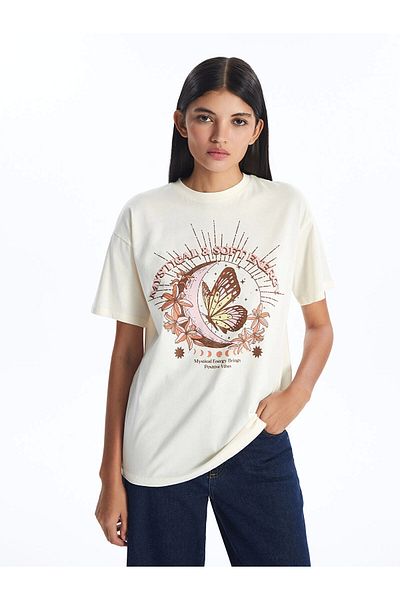 LC Waikiki Tricou cu mânecă scurtă pentru femei LCW Modest Ecru Crew Neck