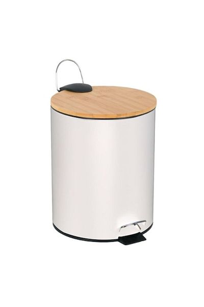 BREZIUM Cos de gunoi metalic cu maner si pedala, 5L, capac din lemn de bambus