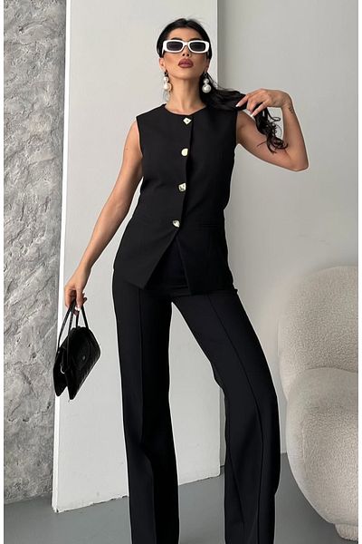 pembekurdelem Women's Design Buttoned Vest Trousers Suit Black