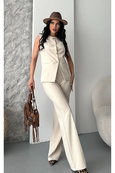 pembekurdelem Women's Design Buttoned Vest Trousers Suit Stone
