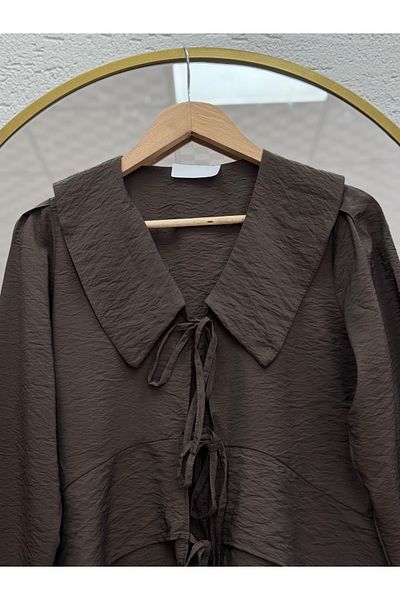 MİHRA STORE Tirisa Shabby Collar Front Tie-Up Tunik-As5861 Coffee