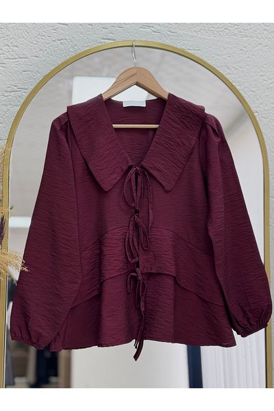 MİHRA STORE Tirisa Shabby Collar Front Tie-Up Tunik-As5861 Burgundy