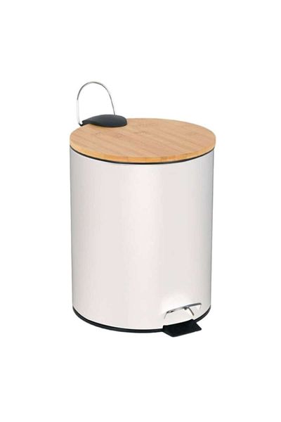 BREZIUM Cos de gunoi metalic cu maner si pedala, 5L, capac din lemn de bambus