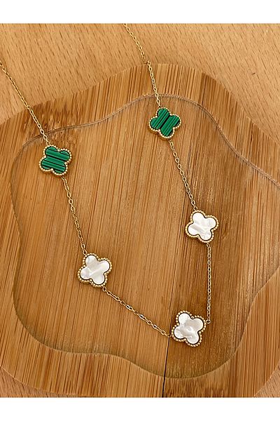 JELLY Women's Steel Gold Color Black Enamel Double Sided Used Clover Model Necklace