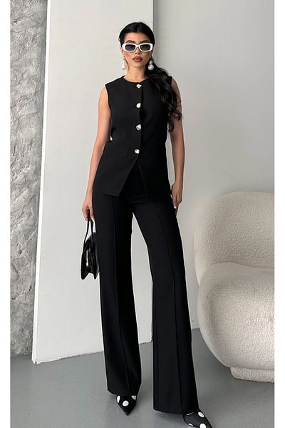 pembekurdelem Women's Design Buttoned Vest Trousers Suit Black