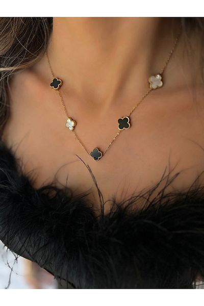 JELLY Women's Steel Gold Color Black Enamel Double Sided Used Clover Model Necklace