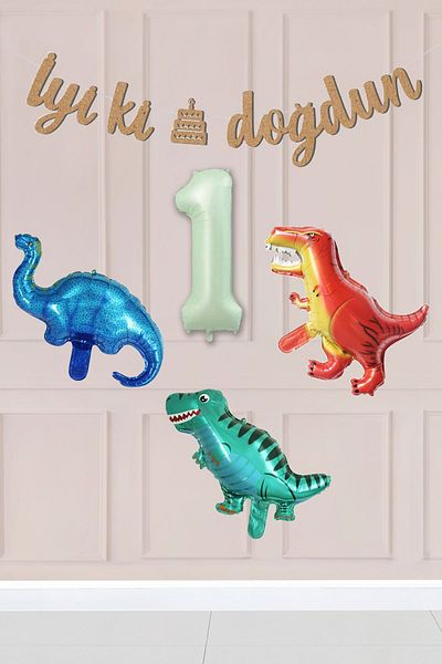 Atölye Mi 1 Year Old Dinosaur Concept Birthday Balloon Set Dinosaur Theme