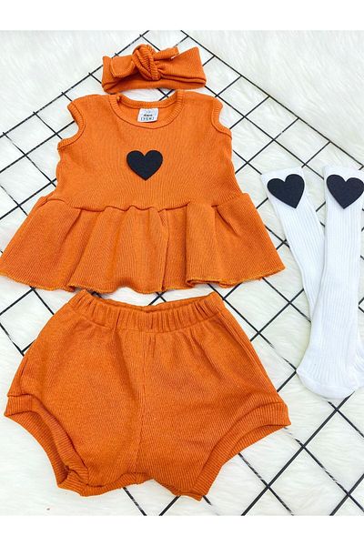 ŞAPKAKİDS Orange Black Heart Ribbed Shorts Bluz Bandana and Socks Set