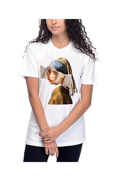 Pisa Art Унисекс бяла тениска с перлени обеци Billie Eilish