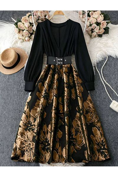 zümrüt moda rochie din satin cu decolteu in V cu imprimeu floral si curea 1793