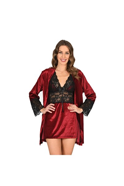 Narnuga طقم ثوب نوم و ثوب نوم مخملي باللون العنابي 2 قطعة - 1445